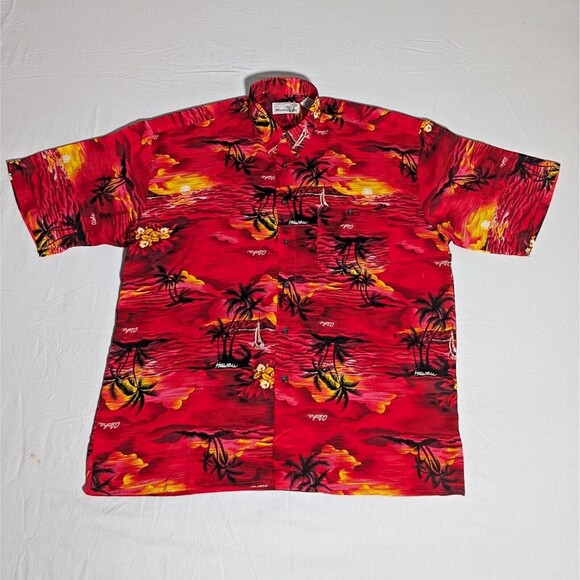 Vintage Monticerutti Original Red Hawaiian Shirt Diamond Head Sunset Size Large - Picture 1 of 4